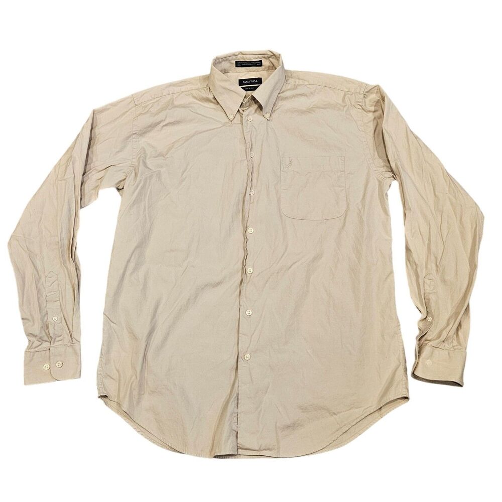 Nautica 80's 2 Ply Men's Beige Long Sleeve Button Down Shirt Size 16.5 36/37 Lg
